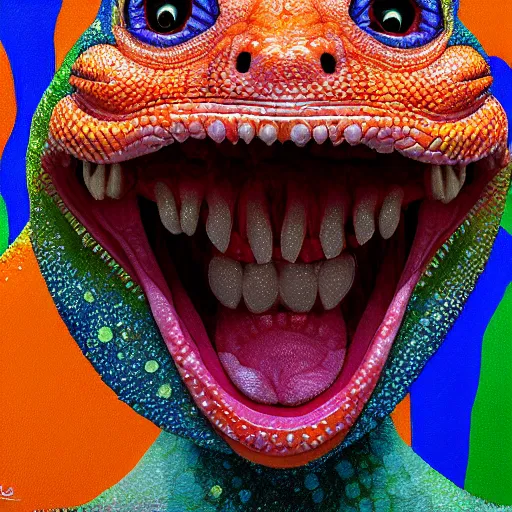 Prompt: portrait of president hillary clinton as a smiling laughing bright orange lizard person with bumpy skin, airbrush painting, hyper detailed, 8 k, photorealism, rule of thirds, glitter.