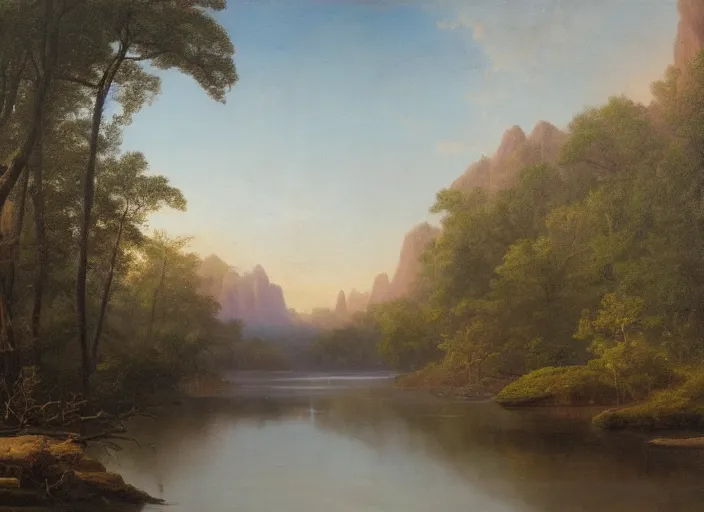 Image similar to first spring after the impact winter post - cretaceous paleogene extinction event, life is starting to adapt to a changed world, in the style of hudson river school of art, oil on canvas