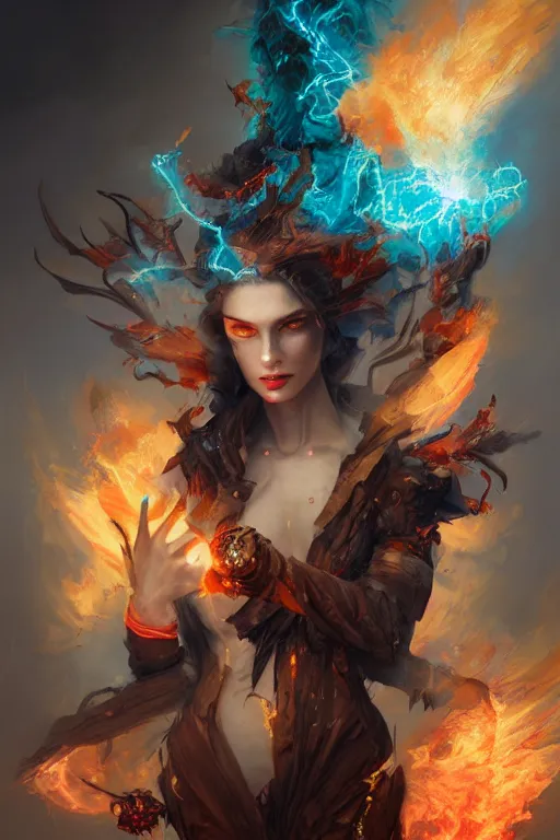 Prompt: model wearing exploding fire electricity and blood, sorcerer, diamonds, angel, fantasy, dramatic lighting, highly detailed, digital painting, holding electricity, magic the gathering, hyper detailed, 3 d render, hyper realistic detailed portrait, peter mohrbacher, wlop, ruan jia