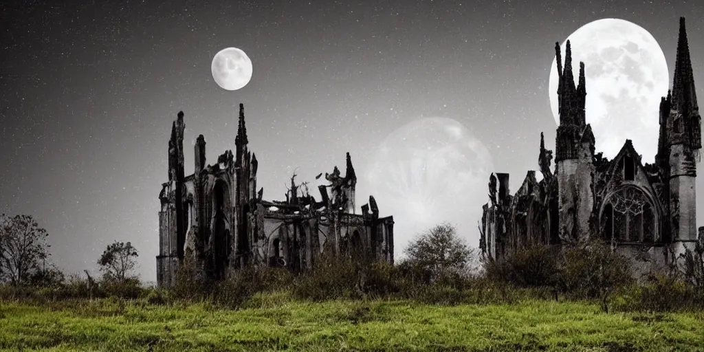 Image similar to crumbling gothic cathedral, nighttime, decrepit castle, ruins, moon visible through cloud, abandoned houses sinking into bog