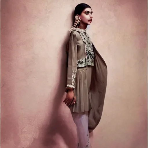 Image similar to a muted colors natural portrait photograph of a Pakistani model, editorial story, Vogue Italy, editorial photography