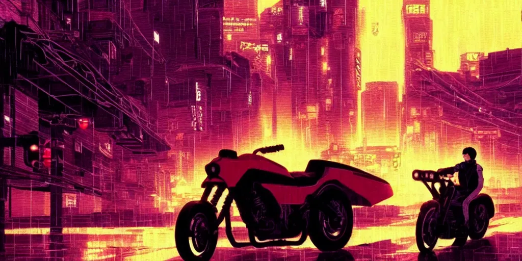 Image similar to twilight lighting, moody, atmospheric, solarpunk, kaneda and his motorcycle from akira, rainy, in the art style of neon genesis : evangelion, 8 0 s anime style, by ghibli studio and victor ngai, ghost in the shell art style, akira artstyle, pixar highly detailed, 8 k h 5 7 6