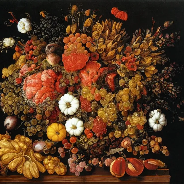 Prompt: thanksgiving supper, flowers and fruit on a wooden table, black background!, still life by giuseppe arcimboldo, vanitas!!, pinterest, maximalist, intricate high detail masterpiece