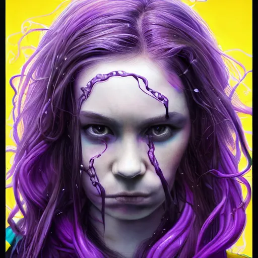 Image similar to detailed photo portrait of a furious teen girl with thin, hair-like purple tentacles on her head and bright purple eyes, 8k,by tristan eaton, Stanley Artgermm,Tom Bagshaw,Greg Rutkowski,Carne Griffiths,trending on DeviantArt, face enhance,hyper detailed ,full of colour, dramatic lightning