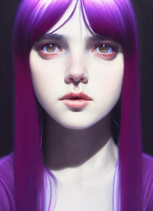 Image similar to portrait of teenage girl with white bangs, red irises, black hair, purple clothes, white bangs, bangs are different color from hair, intricate, front of hair is white rest is black, elegant, glowing lights, highly detailed, digital painting, artstation, concept art, smooth, sharp focus, illustration, art by wlop, mars ravelo and greg rutkowski