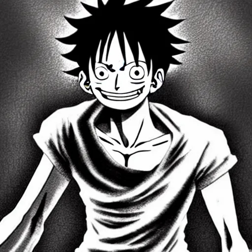 Image similar to Luffy (One Piece, 1997 ), artwork by kentaro miura, Kentaro Miura style, Berserk Style, High details, centered full body pose, zenith angle, shadowy area, dramatic lighting, concept, cinematic composition, manga, black and white ink style, a lot of details with ink shadows