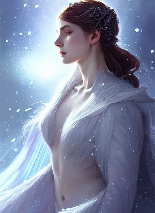 Image similar to a beautiful cinematic female winter goddess, cristal dress, ice wing, galatic shamen with quantum energy fantasy, fantasy magic, undercut hairstyle, dark light night, intricate, elegant, sharp focus, illustration, highly detailed, digital painting, concept art, matte, art by wlop and artgerm and greg rutkowski and alphonse mucha, masterpiece