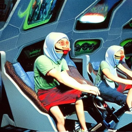 Image similar to 1990s photo of inside the E.T. ride at Universal Studios in Orlando, Florida, riding the flying bike with E.T. , cinematic, UHD