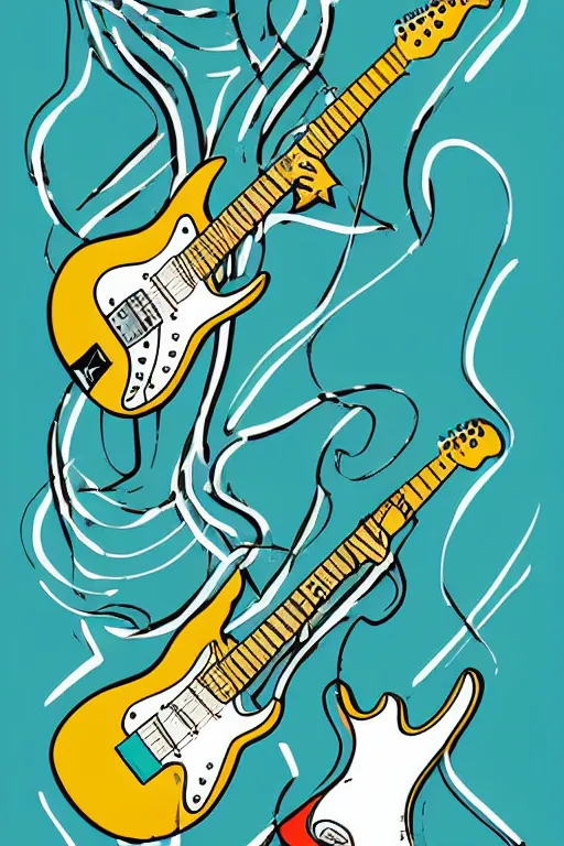 Prompt: illustration of a mermaid playing an stratocaster electric guitar, 3 colour screen print