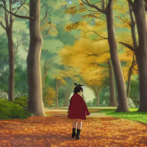 Image similar to anime visual of chubby hispanic woman wearing a yellow coat with long dark brown hair with bangs walking in the scenic park in fall, detailed, studio ghibli, exquisite lighting, clear focus, very coherent, art by hayao miyazaki,
