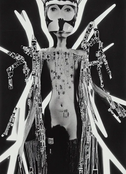 Prompt: Portrait of a punk goth fashion fractal alien girl with a television head wearing kimono made of circuits and leds, surreal photography by Man Ray
