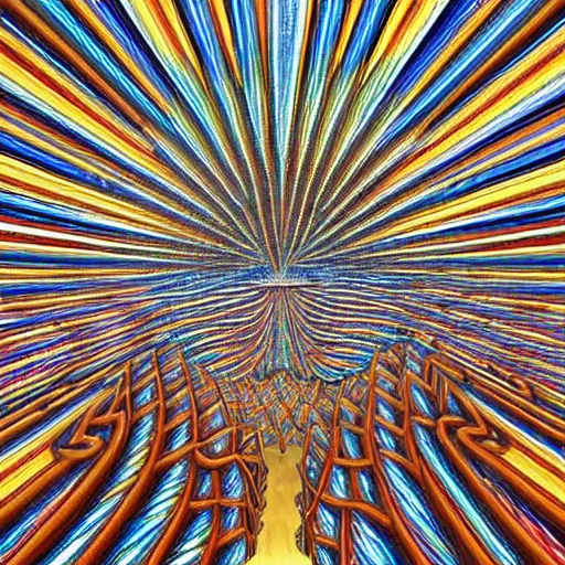 Prompt: highly detailed optical illusion of an auditorium filled with magical energy by mad dog jones and alex grey