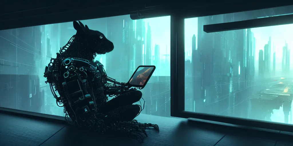 Image similar to a black water rabbit with biomechanical cybernetic body is watches the news on his smartphone near a window with dystopian city visible outside. very detailed 8 k. cyberpunk fantasy style. unreal engine render. global illumination. nanite. rtx. path tracing.