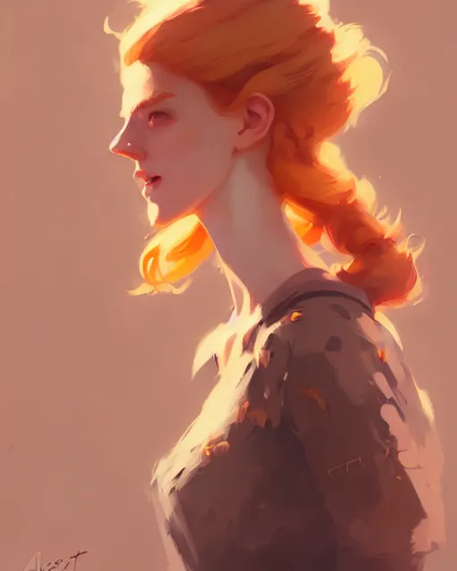 Image similar to hyper - realistic portrait of beautiful ginger female noble lady by atey ghailan, by greg rutkowski, by greg tocchini, by james gilleard, by joe fenton, by kaethe butcher, dynamic lighting, gradient light yellow, brown, blonde cream and white color scheme, grunge aesthetic