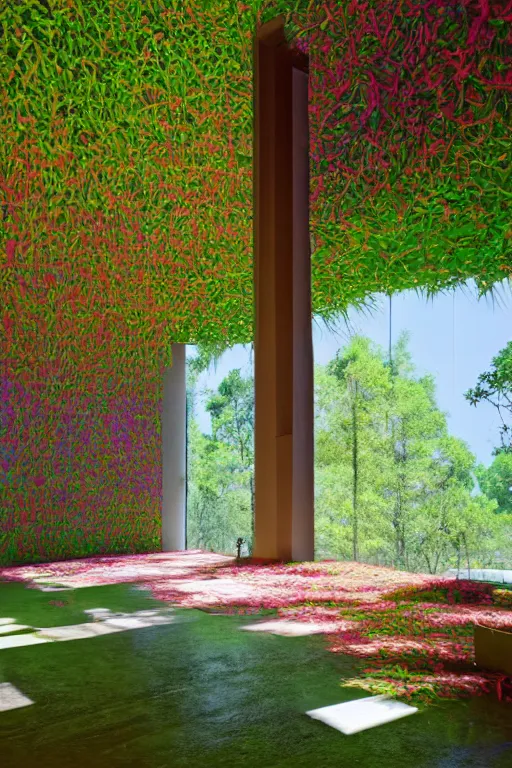 Image similar to colorful James Turrell interiors , overgrown by kudzu vines