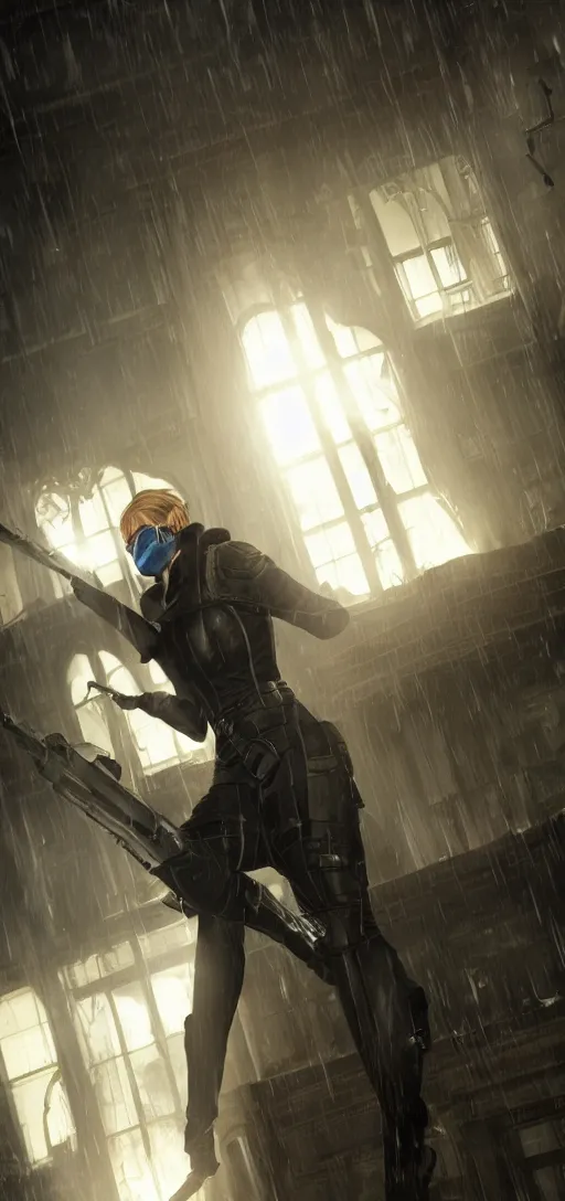 Image similar to annie leonhart in dunwall city wearing corvo attano mask and recon corps uniform running on a gothic house roof, redshift render, cinematic lighting, rainy weather, melancholy atmosphere, dunwall city, volumetric light, octane render, dishonored game, dishonored 1, gothic architecture, realistic reflections, octane render 8 k