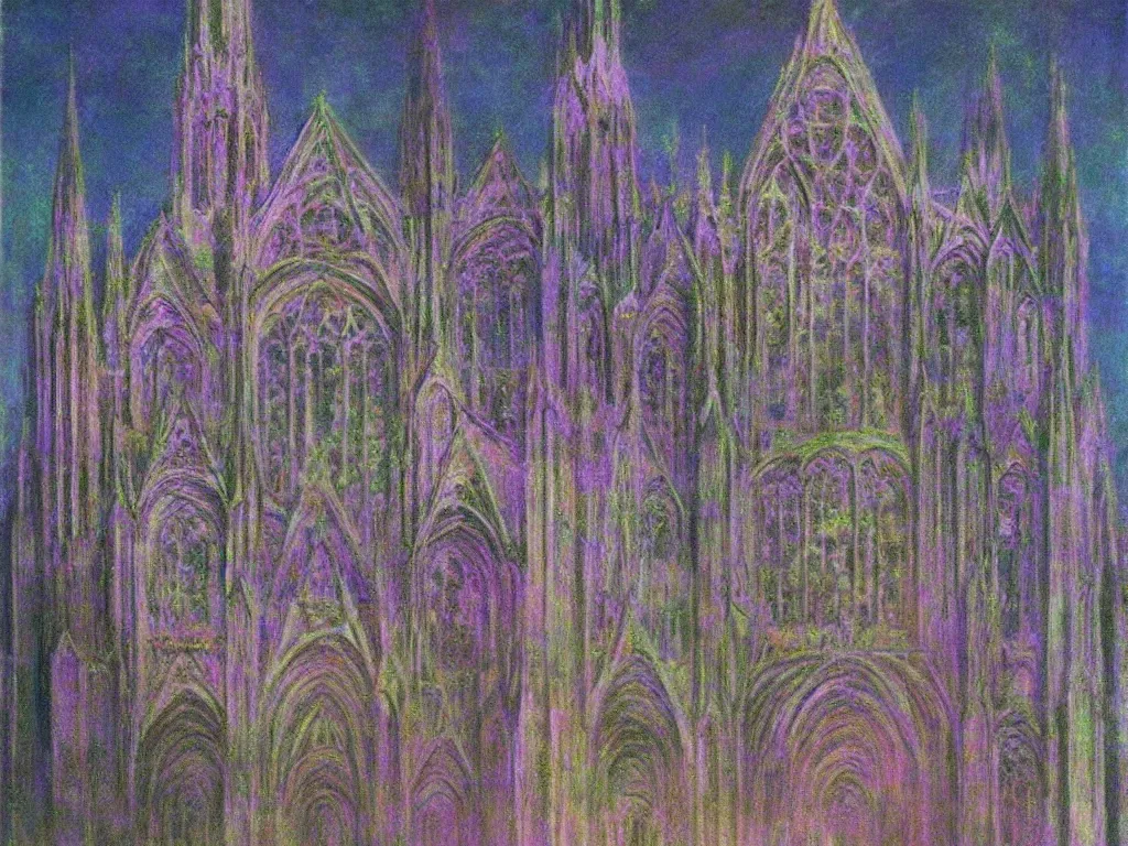 Image similar to gothic deserted cathedral with dream bot mothership psychedelia. monet, matisse, wayne barlowe, agnes pelton, rene magritte