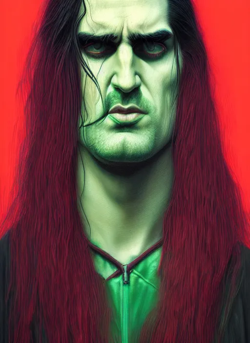 Image similar to hyper detailed ultra sharp type o negative peter steele photorealistic sulking portrait, somber gothic aesthetic, masterpiece, elite, illustration, art by sachin teng, felix englund, organic matte painting, emerald color palette, hard edges, graffiti, street art 8 k
