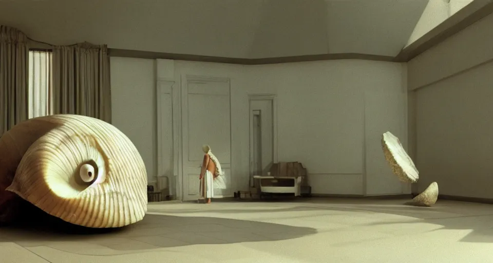 Prompt: a giant seashell with a doorhole, cinematography by syd mead, gregory crewdson