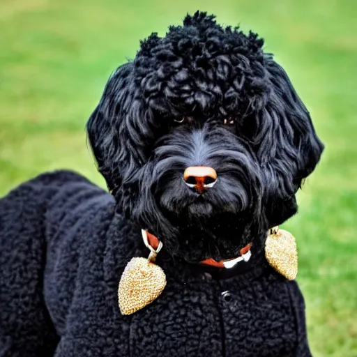 Prompt: black goldendoodle dog, wearing pimp suit