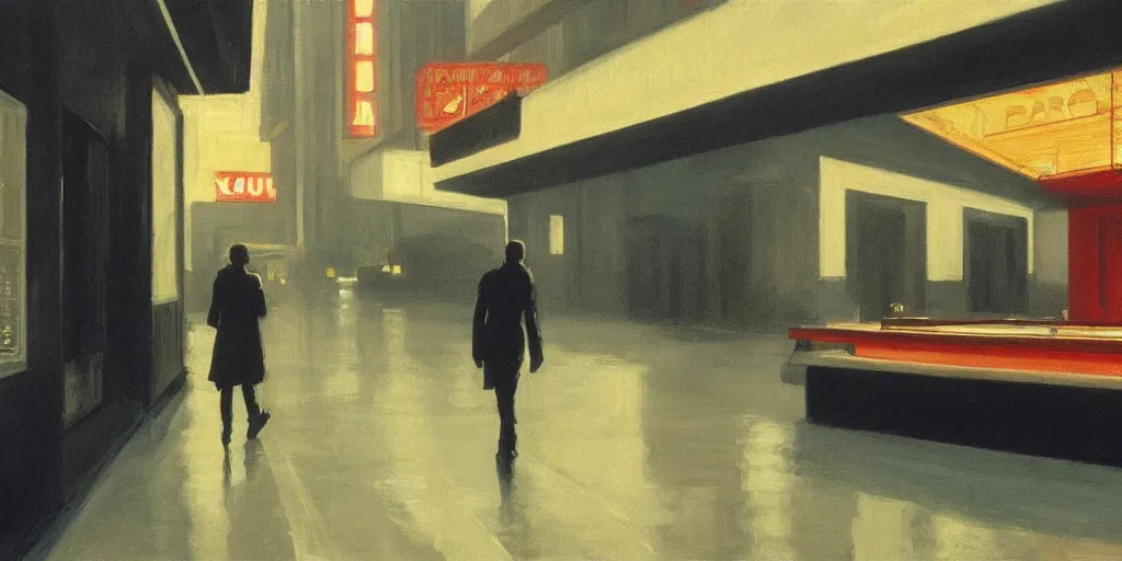 Prompt: A still from Blade Runner (1982) painted in the style of Edward Hopper