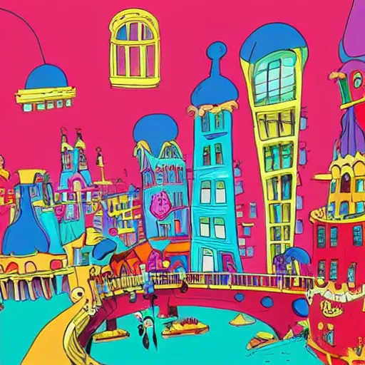 Image similar to fanciful city filled with curvy buildings, by dr seuss, oh the places you'll go, arches, platforms, towers, bridges, stairs, colorful kids book illustration