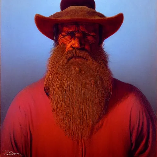 Image similar to Angry Bearded Prospector portrait, dark fantasy, red and gold, artstation, painted by Zdzisław Beksiński and Wayne Barlowe