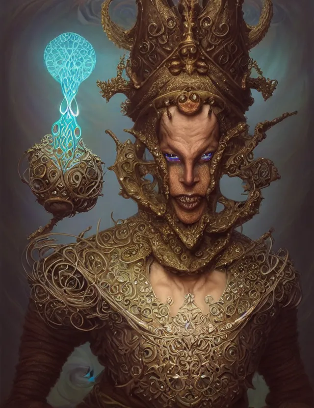 Image similar to front shot of a court jester character, hyperdimensional, bioluminescent hypercubes, ((intricate)), elegant, highly detailed, centered, (((artstation, concept art, smooth, sharp focus, artgerm, Tomasz Alen Kopera, Peter Mohrbacher, donato giancola, Joseph Christian Leyendecker, WLOP, Boris Vallejo))), mugshot!!!!!, ugly!!!!!!, octane render, nvidia raytracing demo, grainy, muted, 8K, digitalblasphemy