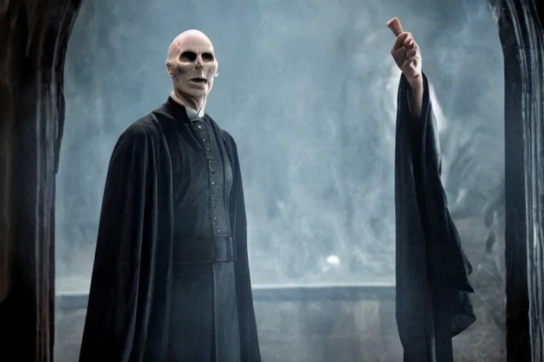 Prompt: film still of josef fiennes as Lord Voldemort in Harry Potter movie