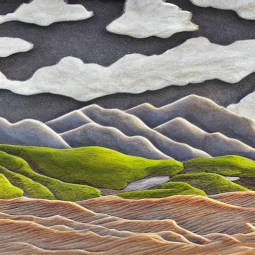 Prompt: Sculpture. a landscape of a mountainous area with a river running through it. There are trees and plants in the foreground, and the mountains are in the background. pale by Steve Ditko stormy