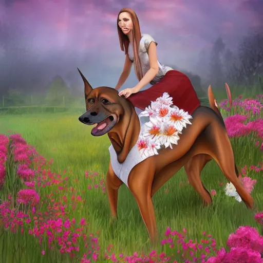 Prompt: girl riding a giant doberman in a field of flowers, trending on artstation