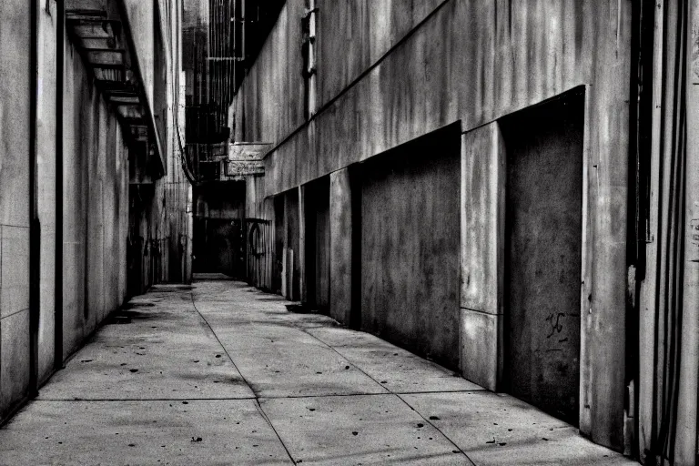 Prompt: weathered analog photo of a downtown alley, us architecture, concrete, neon lights, filmgrain, depth of field, darkness, shadows, grey, color bleed, heavy film grain
