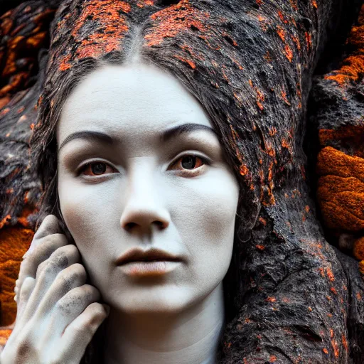 Image similar to beautiful stone woman, lava flowing, exotic trees, bare bark, dark eyes, low angle mist, high octane, frostbite, 8 k, cinematic, 3 5 mm, h 6 4 0