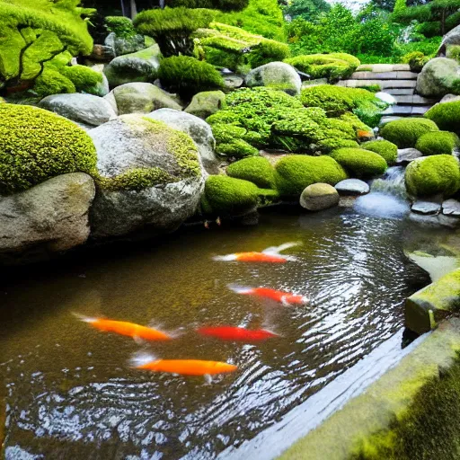 Image similar to photo of japanese house with small stream beside the house. koi fish are swimming in the stream, high detail, cinematic, beautiful