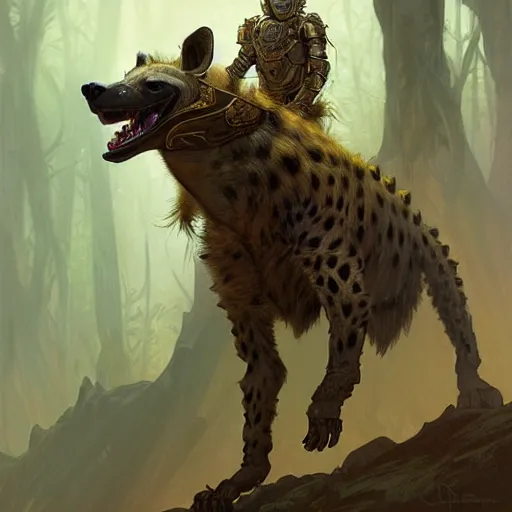 Image similar to a long shot photo of a humanoid hyena were a heroic armour an gold helmet in the forest, long hair, highly detailed, digital painting, artstation, smooth, sharp focus, illustration, art by artgerm and greg rutkowski and alphonse mucha