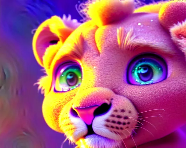 Prompt: a cute baby lion, big eyes, soft fur texture, pastel colours, colorful, glitter crystals, cute, pixar animation style, detailed, soft light, octane render, 4 k,