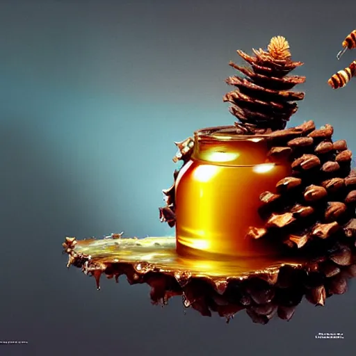 Prompt: honey dripping from a pinecone, hyper detailed, digital art, artstation, cinematic lighting, studio quality, smooth render, by caravaggio, artgerm, greg rutkowski, craig mullins