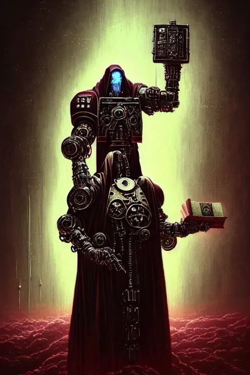 Prompt: potrait of john cena as a cloaked tech priest holding a book, adeptus mechanicus!!, cybernetic enhancements attached to his body, praise the omnissaiah, zdzislaw beksinski, lewis jones, mattias adolfsson, warhammer 4 0 k!!, cold hue's, warm tone gradient background, concept art