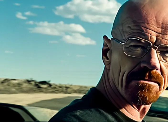 Prompt: film still of walter white as dominic toretto in furious 7 movie ( 2 0 1 5 ), 8 k, cinematic, rule of thirds