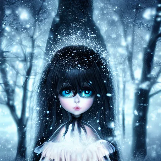 Prompt: focus face portrait of beautiful darkness witch 3D anime girl, dark forest background, snowing, bokeh, inspired by Tim Burton, digital painting, high contrast, unreal engine render, volumetric lighting, high détail