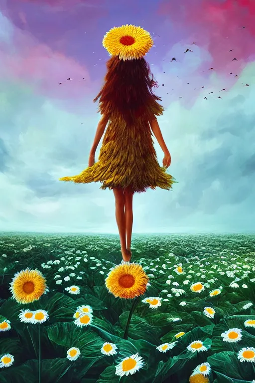 Prompt: closeup, giant daisy flower head, girl between monsteras, surreal photography, wind and cold, dramatic sky, impressionist painting, digital painting, artstation, simon stalenhag