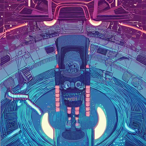 Image similar to !dream Stunningly intricate illustration of a scared astronaut explorer running in Mars trough 3 columns of white neon light of infinite height, highly detailed, midnight, by Victo Ngai and James Gilleard , Moebius, Laurie Greasley