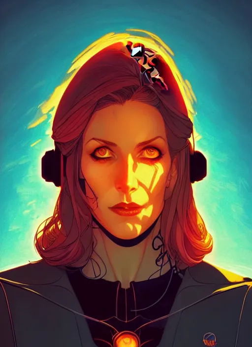 Image similar to Rafeal Albuquerque comic art, Joshua Middleton comic art, cinematics lighting, sunset colors, pretty female cyberpunk space pirate, big smirk, symmetrical face, symmetrical eyes,full body, in a field, sunset