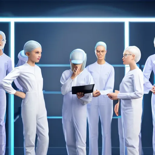 Prompt: troop of very short cloned women with white bob hairdos, tight light blue and lavender jumpsuits, standing next to tall scientist looking at a clipboard, futuristic cloning facility, sci - fi, highly detailed, cinematic