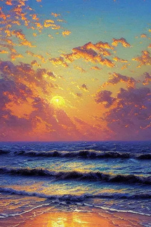 Prompt: beautiful oil painting ocean sky sunset, painted by thomas kinkade and James Gurney