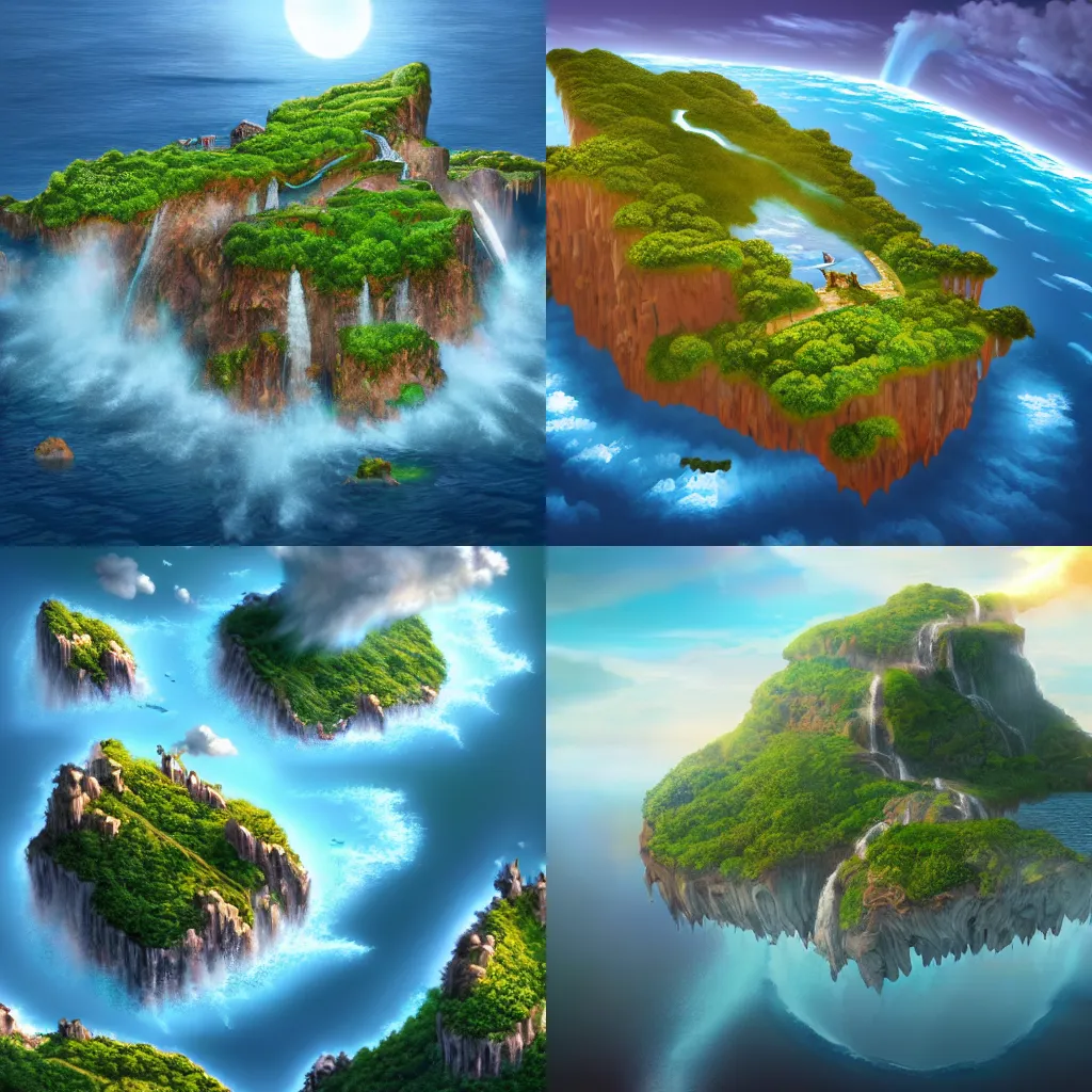 Prompt: enormous island floating in the sky, dotted with numerous waterfalls, digital art, trending on artstation