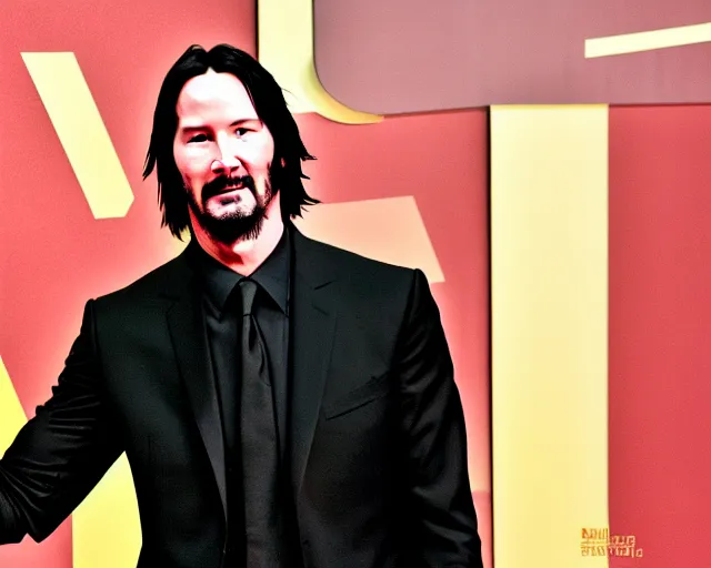 Prompt: keanu reeves bowing down, realistic, award winning photograph, 1 0 0 mm