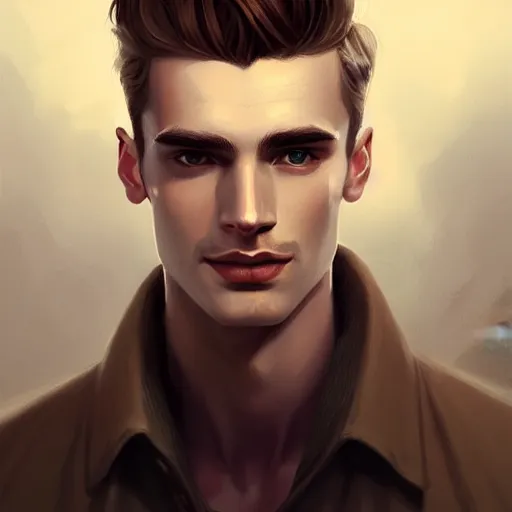 Prompt: tall man in his twenties with brown blond short quiff hair and round facial structure with cleft chin, straight eyebrows, slightly smiling, cheekbones, wider face, shadow of beard, atmospheric lighting, painted, intricate, 4 k, highly detailed by charlie bowater