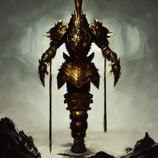 Image similar to anthropomorphic dragon warrior stands tall wearing black and gold plate armor, oil painting, Tooth Wu, Greg Rutkowski, RPG, dynamic lighting, fantasy art, High contrast, depth of field