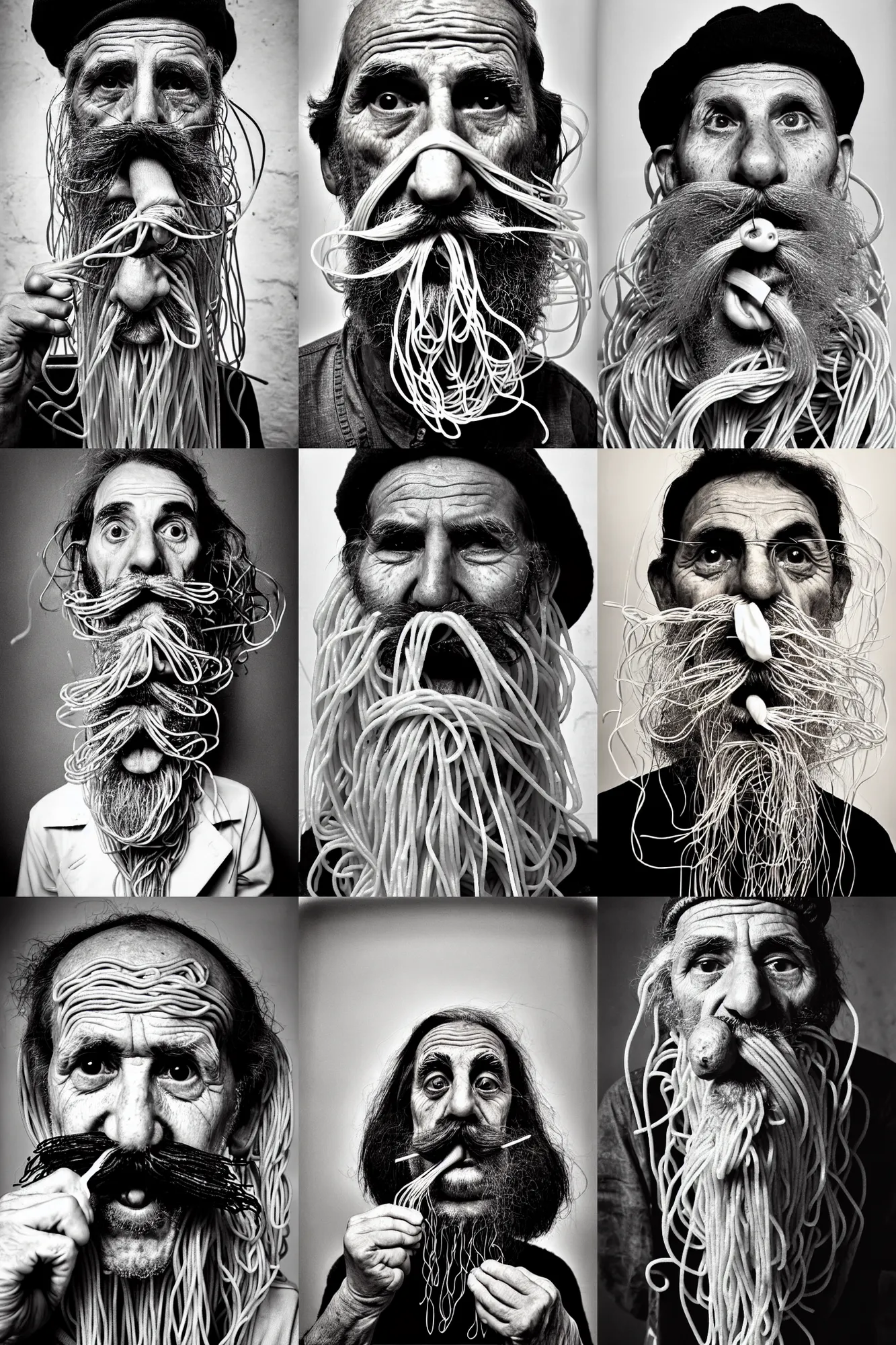 Prompt: extremely detailed portrait of old italian cook, spaghetti mustache, slurping spaghetti, spaghetti in the nostrils, spaghetti hair, spaghetti beard, huge surprised eyes, shocked expression, scarf made from spaghetti, full frame, award winning photo by letizia battaglia